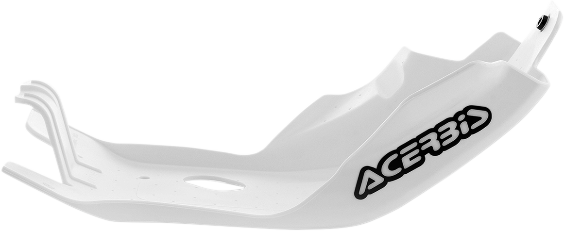 ACERBIS white skid plate for Husqvarna and KTM bikes, designed to protect the body and engine from debris and impacts.