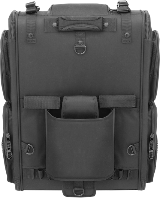 Bill's Exhausts SADDLEMEN S3500 Tactical Sissy Bar Bag mounted on motorcycle seat with durable straps and tactical design.