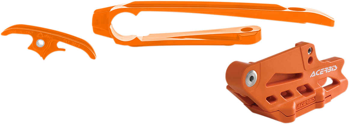 Acerbis KTM orange chain guide and slider kit mounted on a dirt bike, showcasing the durable body and vibrant color.