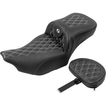 SADDLEMEN Roadsofa™ extended reach motorcycle seat with backrest, white stitch, lattice design for FLTR/FLHX 2023-2024, by Bill's Exhausts