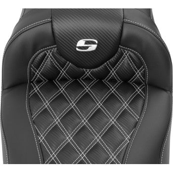 White SADDLEMEN Roadsofa™ extended reach motorcycle seat with lattice stitch detail for FLTR/FLHX 2023-2024, by Bill's Exhausts