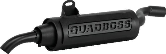 Black steel QuadBoss slip-on muffler for Honda ATC250ES 1985-1987, featuring welded internals and durable exhaust design.