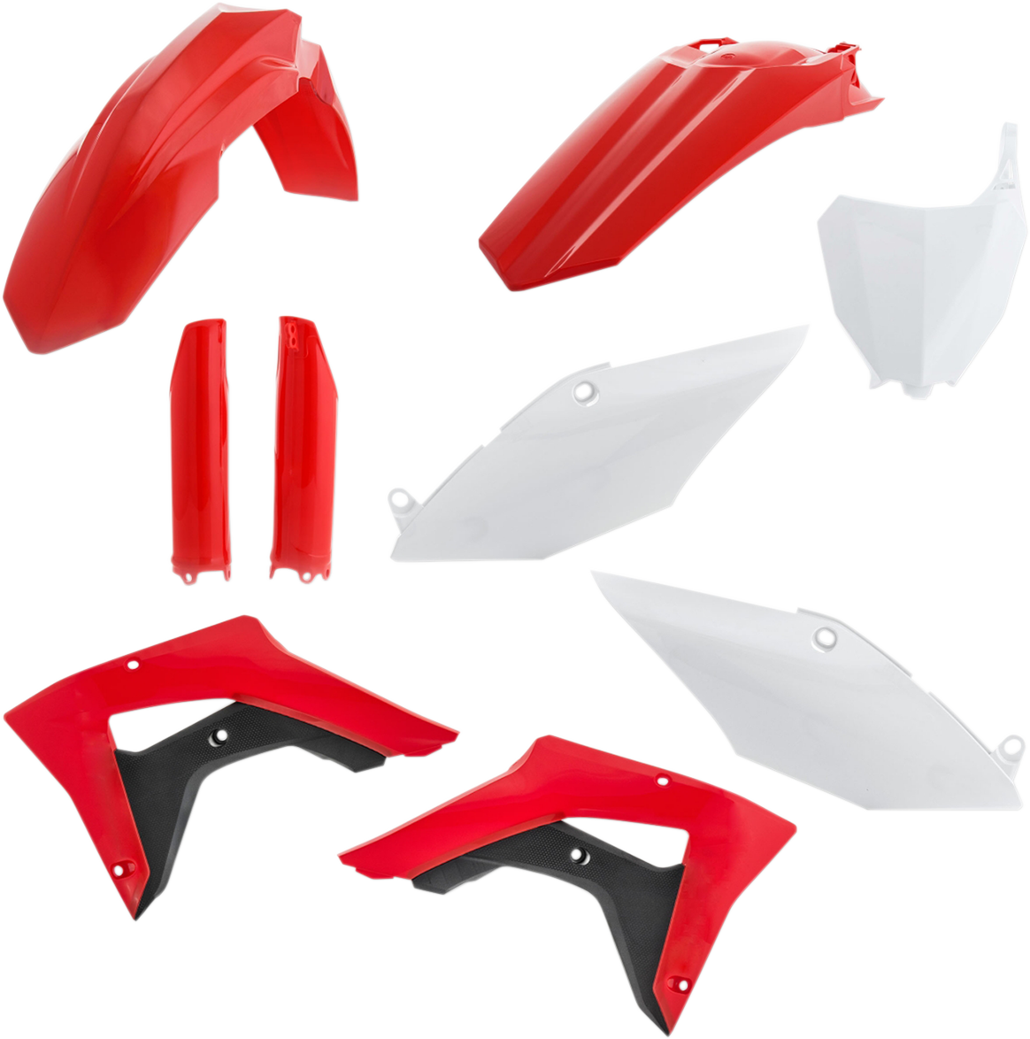 A full ACERBIS OEM motorcycle body kit in red, white, and black, designed for a '17 model, featuring the brand's distinctive style.