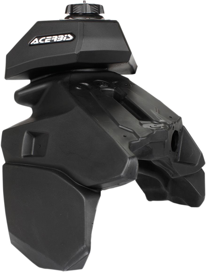 Black ACERBIS gas tank for Husqvarna, 3.9-gallon capacity, designed for Husqvarna motorcycles, shown from a side view.