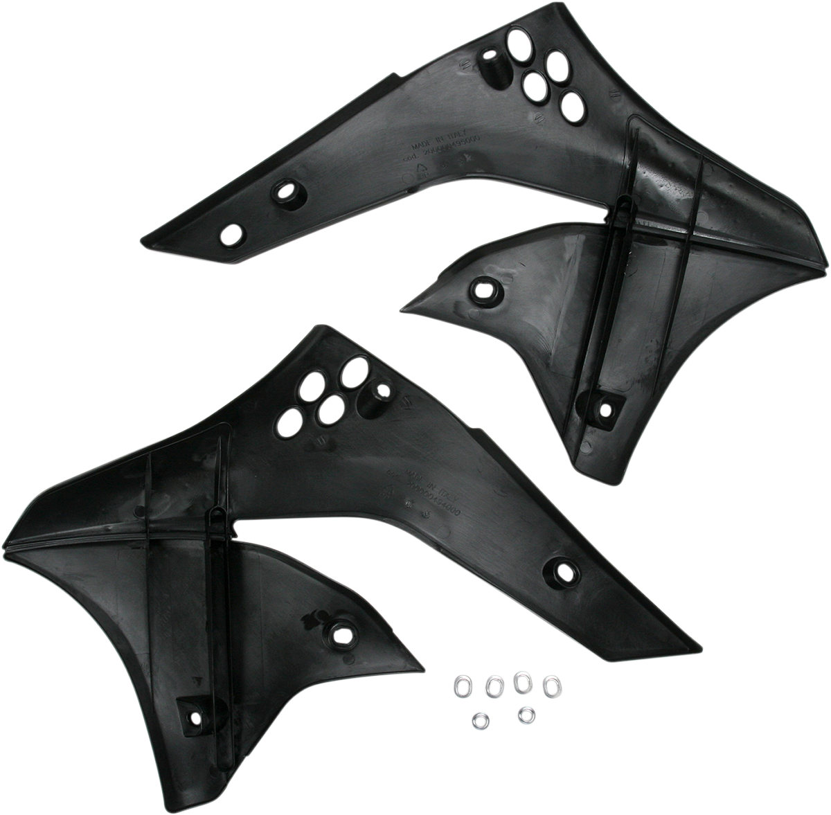 Black ACERBIS radiator shrouds for body, designed for motorcycle customization, featuring a sleek, durable finish.