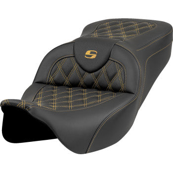 SADDLEMEN Roadsofa™ motorcycle seat with lattice and gold stitching, without backrest, designed for FL models 2008-2023