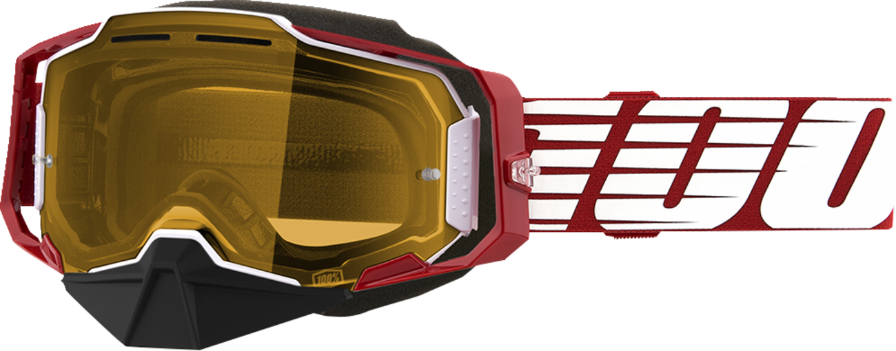 Bill's Exhausts 100% Armega snow goggles in oversized red and yellow with tinted lenses, designed for winter sports and snowboarding.