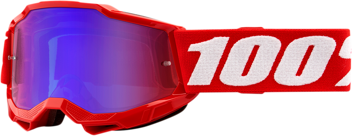 Bill's Exhausts 100% Youth Accuri 2 goggles in red with red/blue mirror lenses, designed for youth sports and outdoor activities.
