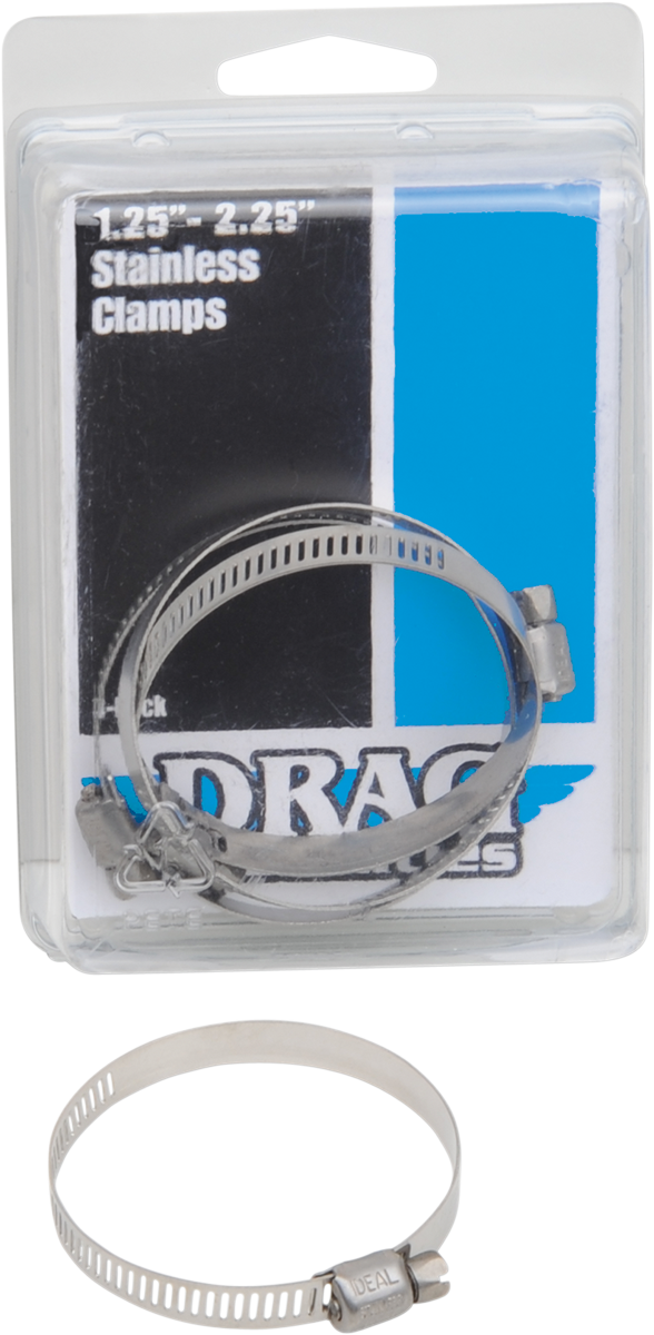 Stainless steel clamps for tubing, 1.25 to 2.25 inches, by DRAG SPECIALTIES, shown securing cylindrical tubing.