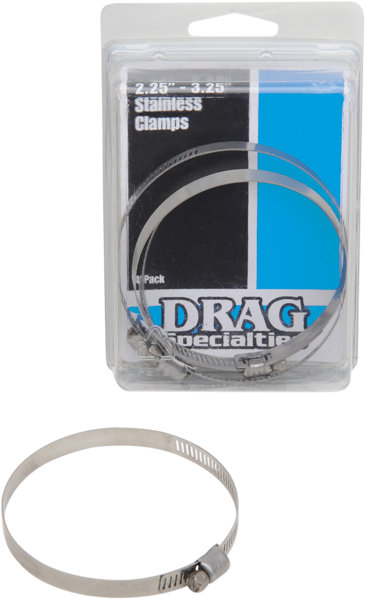 Stainless steel clamps from Drag Specialties, adjustable for 2.25 to 3.25 inches, shown in close-up image.