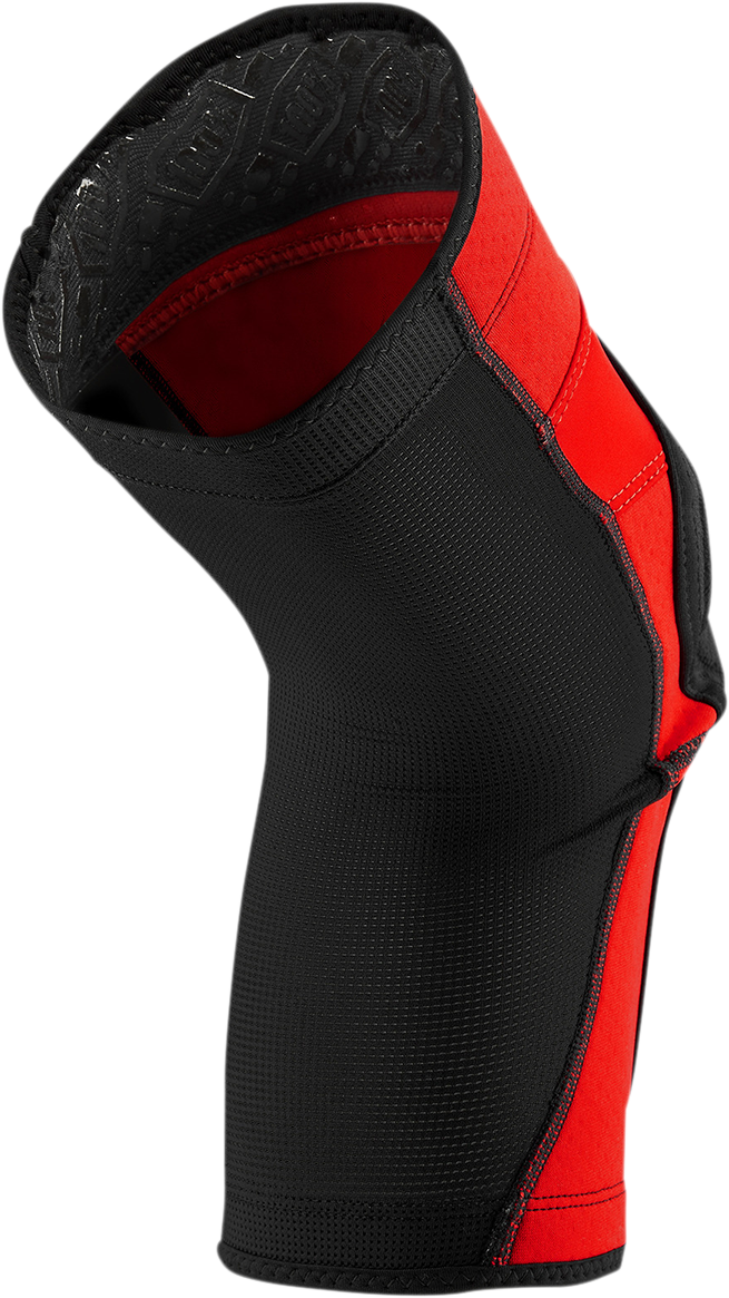 Bill's Exhausts Ridecamp Knee Guards in red and black, medium size, showing the protective padding and adjustable straps.