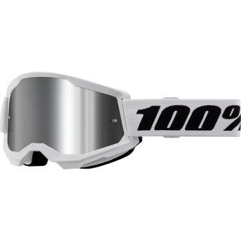 Bill's Exhausts 100% Strata 2 goggles in white with silver mirror lenses, featuring a sleek design for motocross riding.