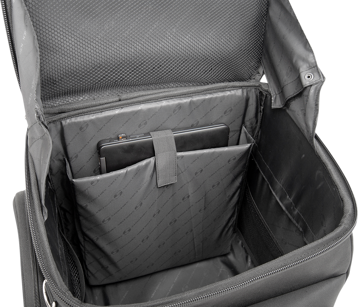 SADDLEMEN Sissy Bar Bag for motorcycle seats by Bill's Exhausts, durable storage bag attached to sissy bar on bike.