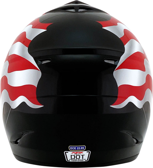 Bill's Exhausts AFX FX-17 motorcycle helmet with black flag design, medium size, shown from the front view.