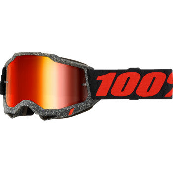 Bill's Exhausts Accuri 2 motocross goggles with red mirror lenses, lightweight frame, and adjustable strap for secure fit.
