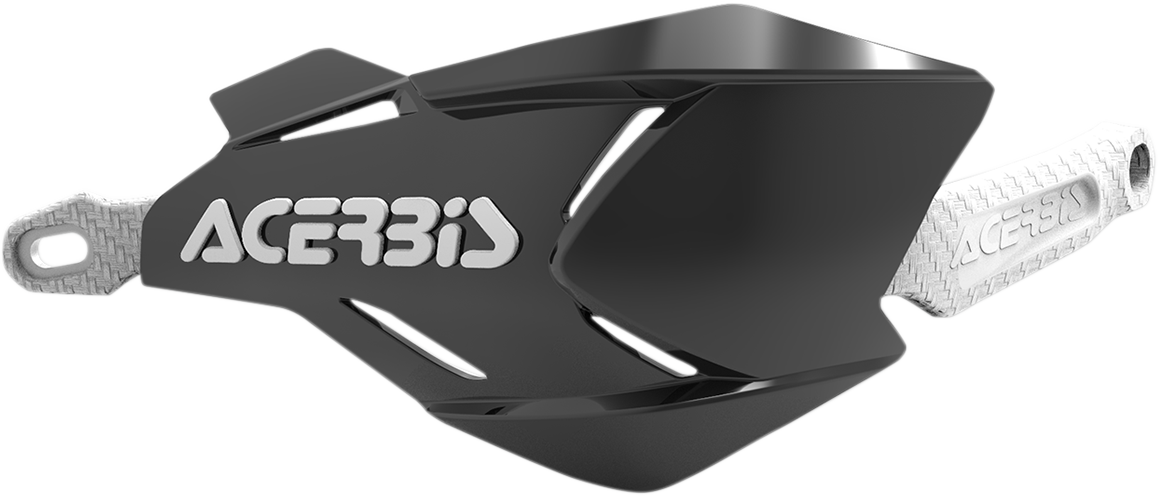 A pair of ACERBIS X-Factory black and white handguards mounted on motorcycle handlebars.