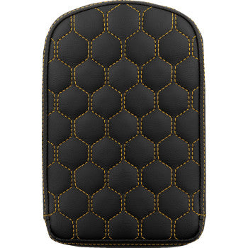 Saddlemens RoadSofa™ sissy bar pad in honeycomb pattern with gold stitching, designed for motorcycle sissy bars.