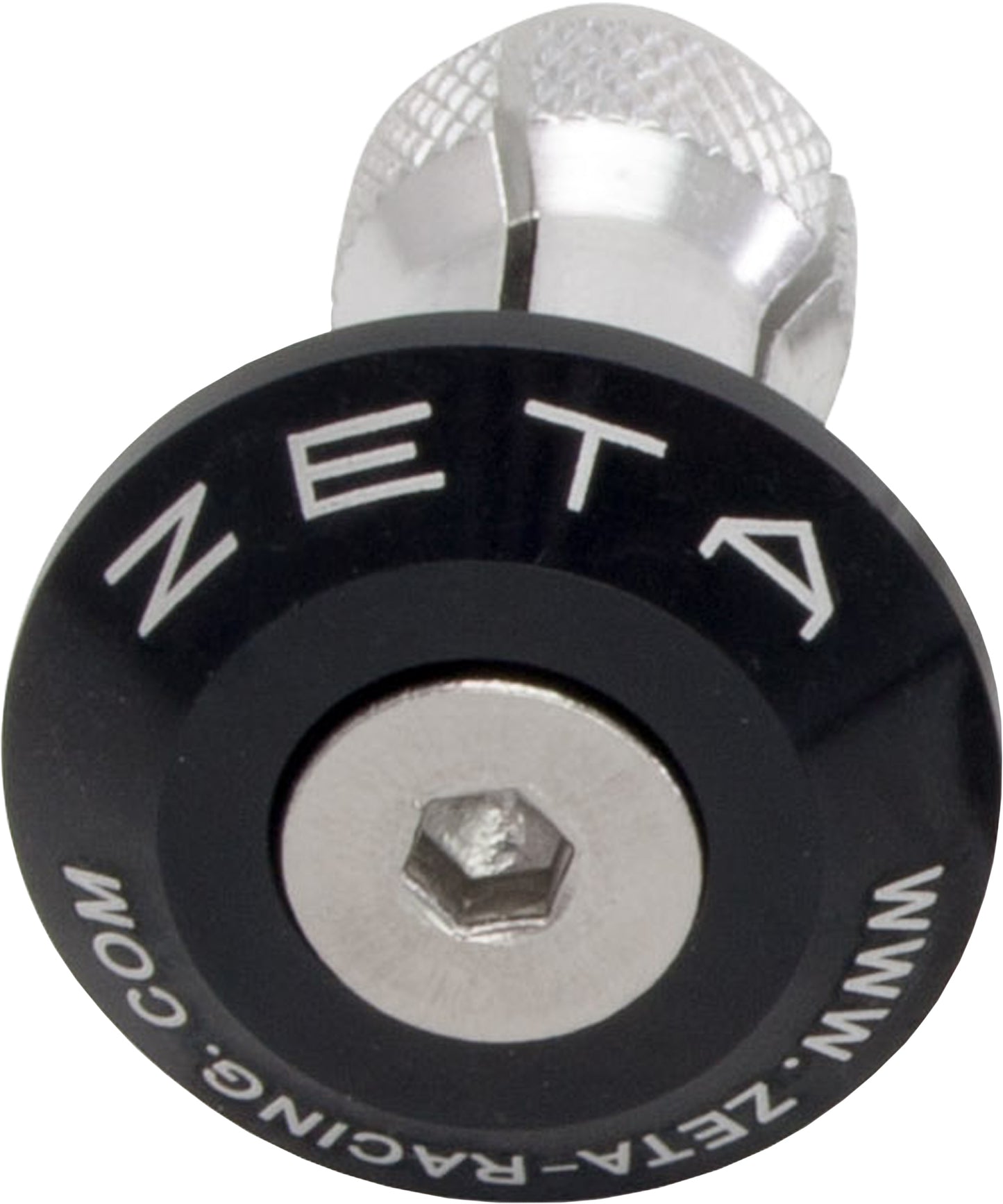 Black ZETA ZE48-7005 motorcycle handlebar bar end plug installed on black handlebar.