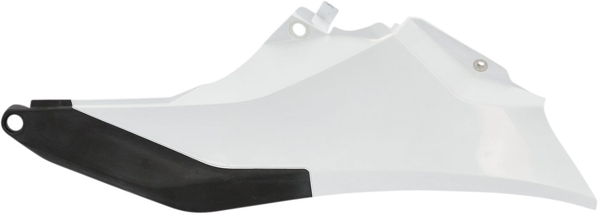Acerbis white and black side panels for motorcycle body, featuring sleek design and brand logo, on a plain background.