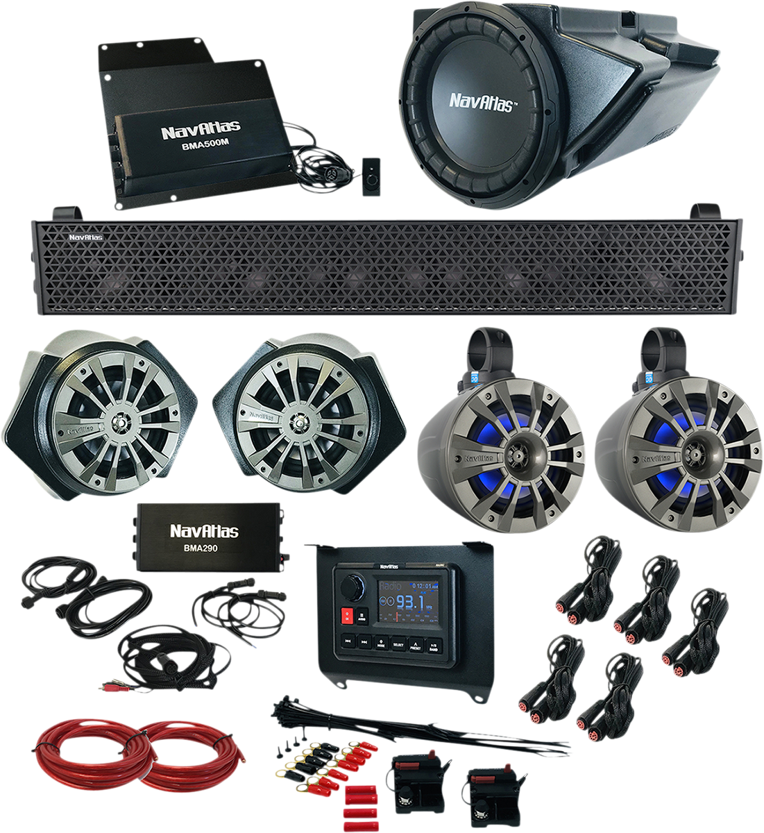 Bill's Exhausts NAVATLAS Audio Kit Zone 5 Turbo RZR1Zone5 speakers installed in a vehicle for enhanced sound system.