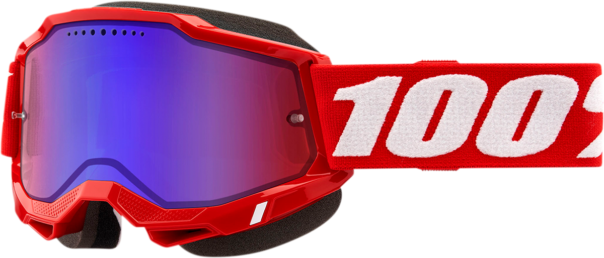 Bill's Exhausts 100% Accuri 2 snow goggles with red frame and red/blue mirror lens for winter sports.