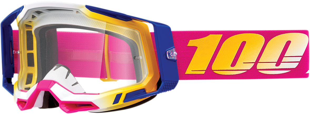 Bill's Exhausts 100% Racecraft 2 Goggles in clear lens, featuring adjustable straps and durable frame for motocross riding.