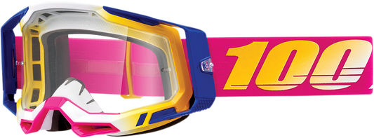 Bill's Exhausts 100% Racecraft 2 Goggles in clear lens, featuring adjustable straps and durable frame for motocross riding.