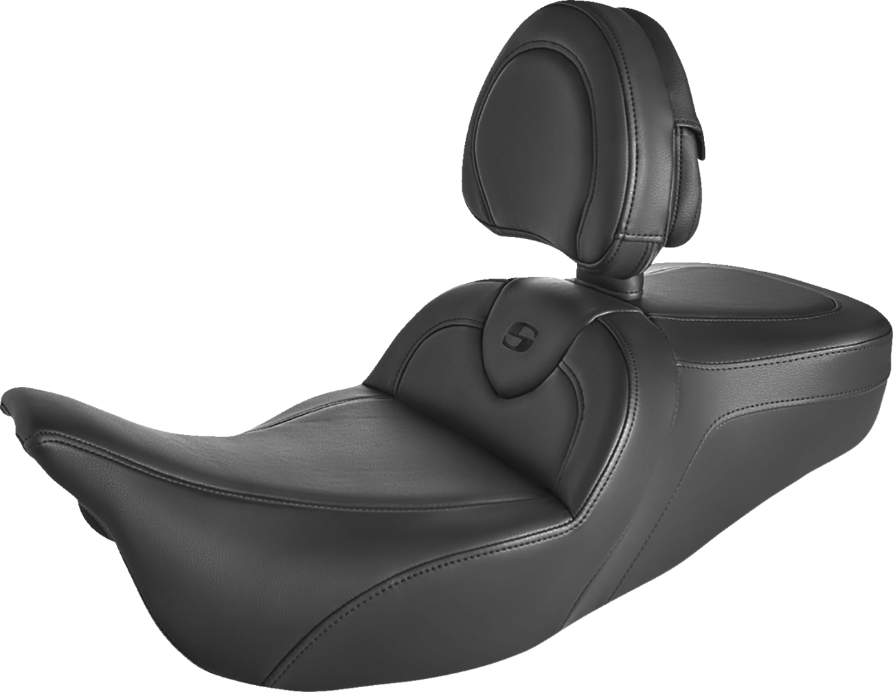SADDLEMEN Roadsofa standard reach seat with backrest in black with black stitching, suitable for motorcycle seating.