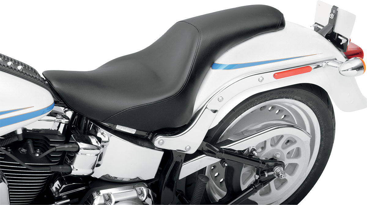 Black SADDLEMEN Profiler seat for FLSTF 2007-2017, smooth leather seat designed for Harley-Davidson Fat Boy models.