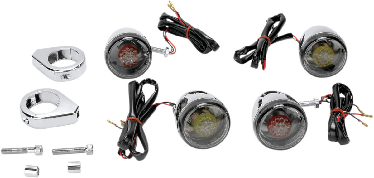 Drag Specialties red and smoke turn signal kit with chrome housings and LED dual-function bulbs for motorcycles.
