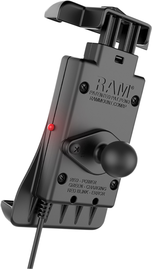 Wireless waterproof RAM MOUNTS device holder with quick-grip and charging feature, designed for engine applications by Bill's Exhausts.