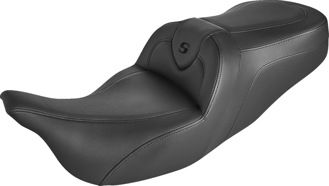 Black SADDLEMEN Roadsofa Standard Reach Seat without backrest, featuring black stitching, designed for motorcycle comfort.