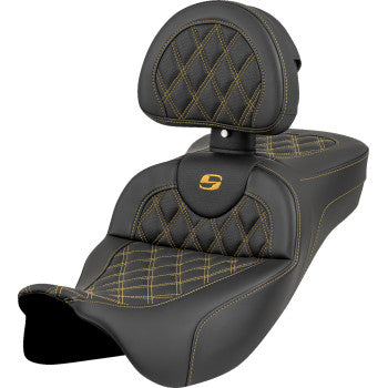 SADDLEMEN Roadsofa™ Extended Reach Seat - Lattice Stitch - Gold Stitch - with Backrest - FL '08-'23 808-07B-184B7 - Howling Moto