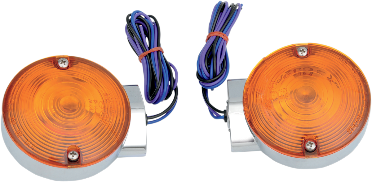 Chrome front turn signal light kit with amber lenses for FLT Harley Davidson models by DRAG SPECIALTIES.