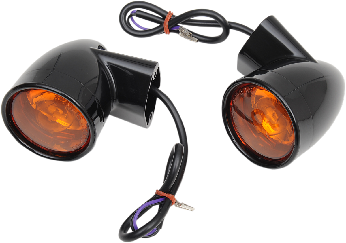 Rear Bullet Turn Signal Lights in gloss black finish by Drag Specialties for Harley-Davidson motorcycles.