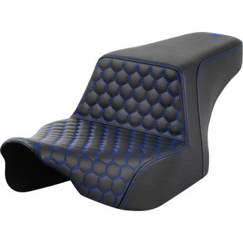 Bill's Exhausts SADDLEMEN Step-Up Seat for FL 2023-2024, front honeycomb design with blue stitching on motorcycle saddle.