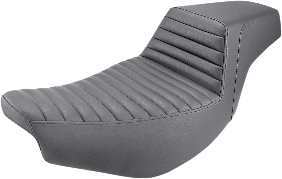 Black Saddlemens Step Up Seat for Indian motorcycles, featuring front tuck-n'-roll and smooth rear design by Bill's Exhausts.
