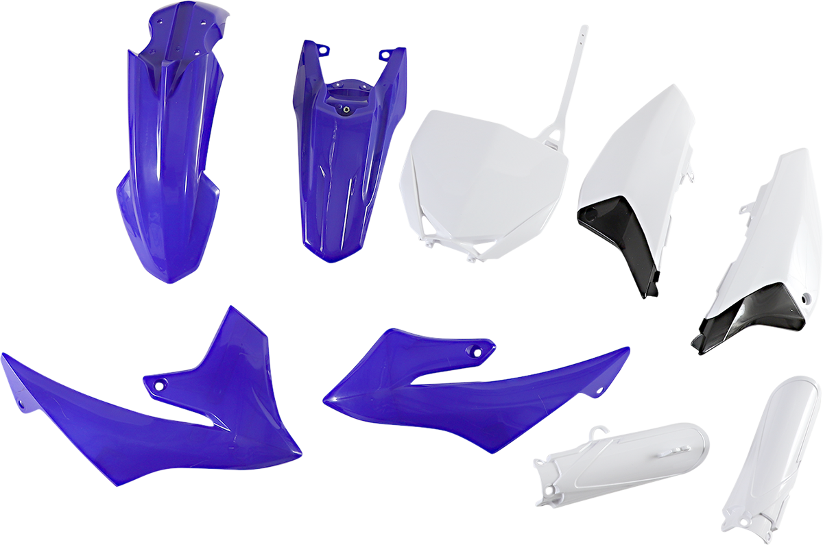 ACERBIS full replacement body kit in OEM blue, white, and black for motorcycle, featuring sleek, custom-fit body panels.