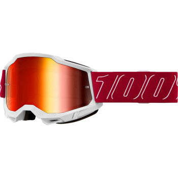 Bill's Exhausts 100% Accuri 2 Goggle with red frame and red mirror lens, designed for motocross or off-road riding.