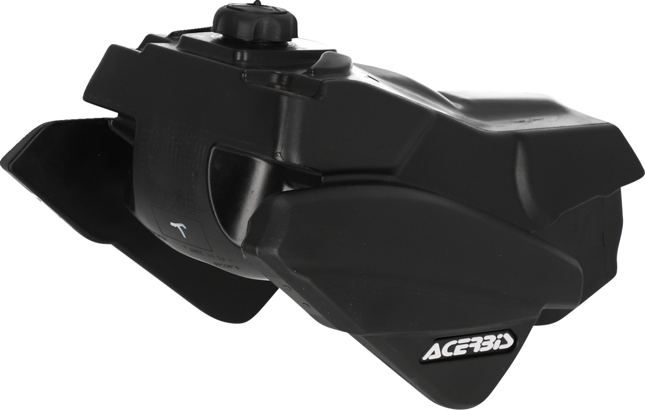 Black Acerbis 2.8-gallon fuel tank for Yamaha motorcycles, shown in a natural view with mounting points and brand details.