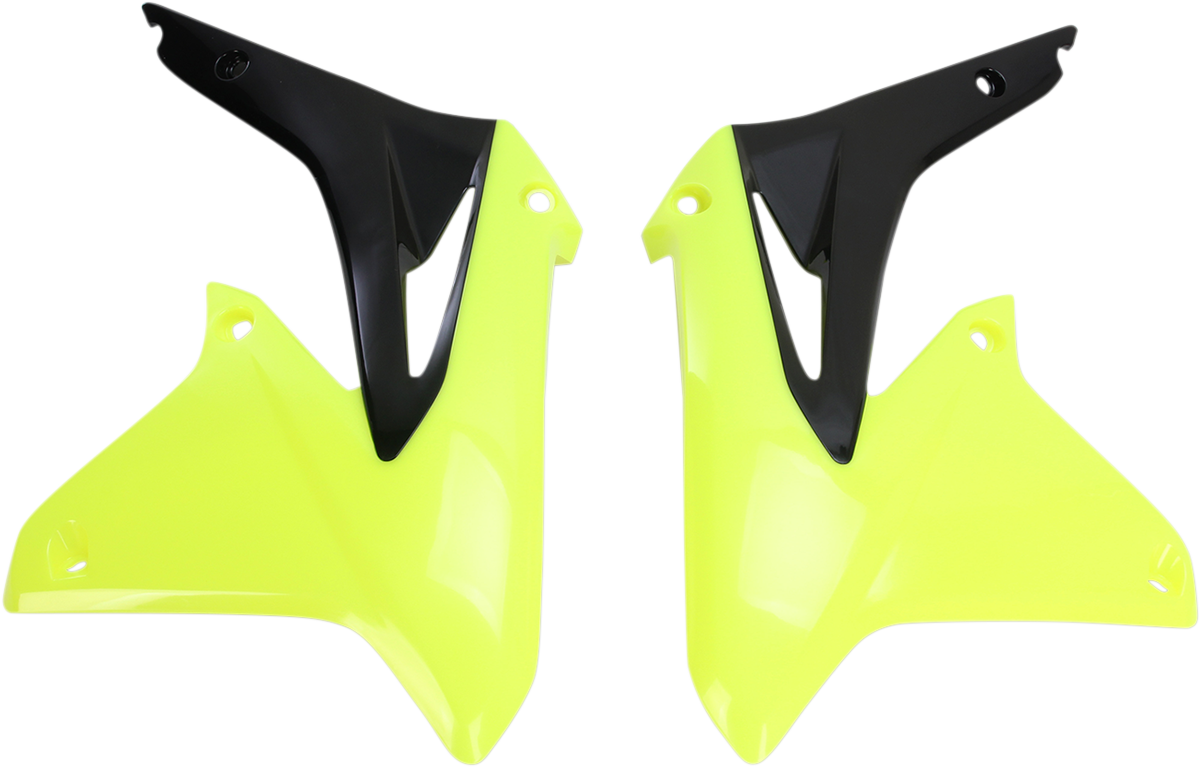 Acerbis radiator shrouds in fluorescent yellow and black, designed for motorcycle body protection, with bold color accents and branding.
