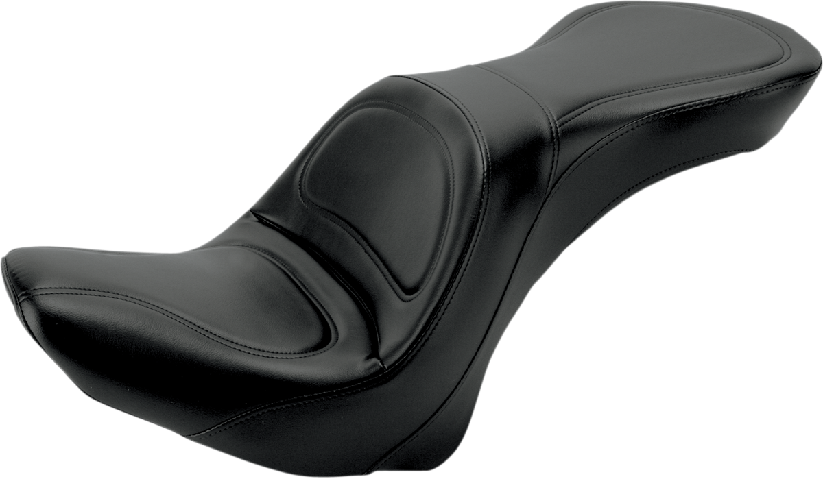 Black SADDLEMEN Explorer motorcycle seat without backrest, stitched design for Harley FLSTC models 2006-2017, by Bill's Exhausts.