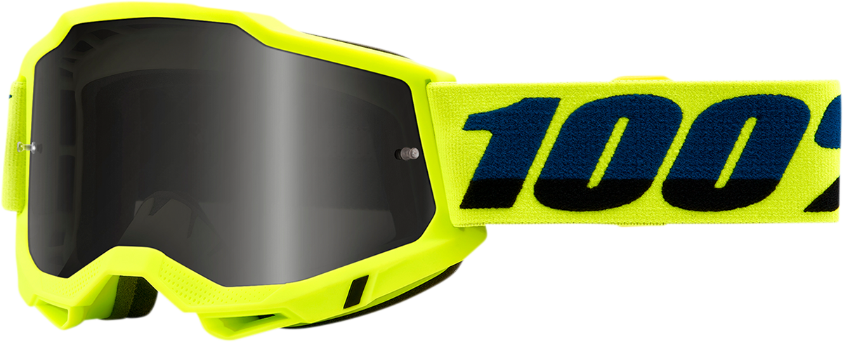 Bill's Exhausts 100% Accuri 2 Sand Goggles in Fluo Yellow with Smoke lenses, featuring a sporty design for outdoor activities.
