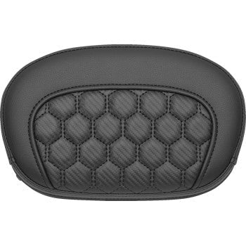 Saddlemens Sissy Bar Pad in honeycomb design attached to motorcycle sissy bar, featuring a cushioned black leather look.