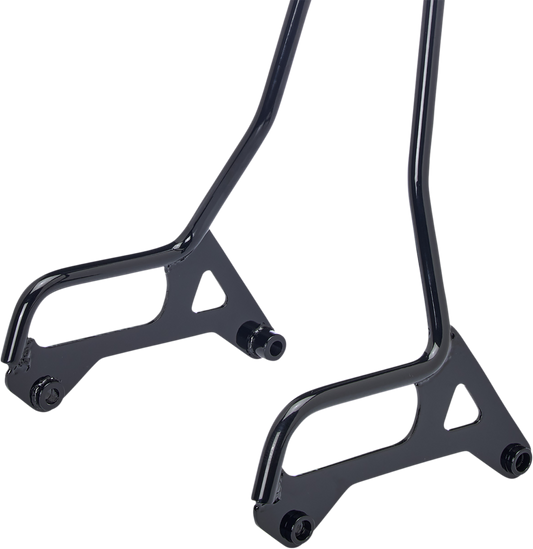 Gloss black BILTWELL EXFIL Sissy Bar XL on motorcycle, featuring sleek metal construction and mounting hardware, for added passenger support.