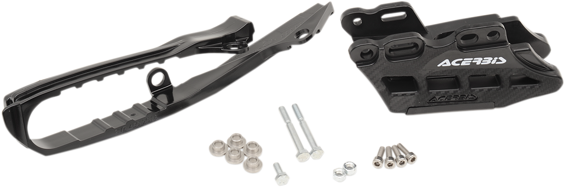 A black Acerbis chain guide and slider kit for Suzuki RMZ250/450 motocross bikes, designed for durability and performance.