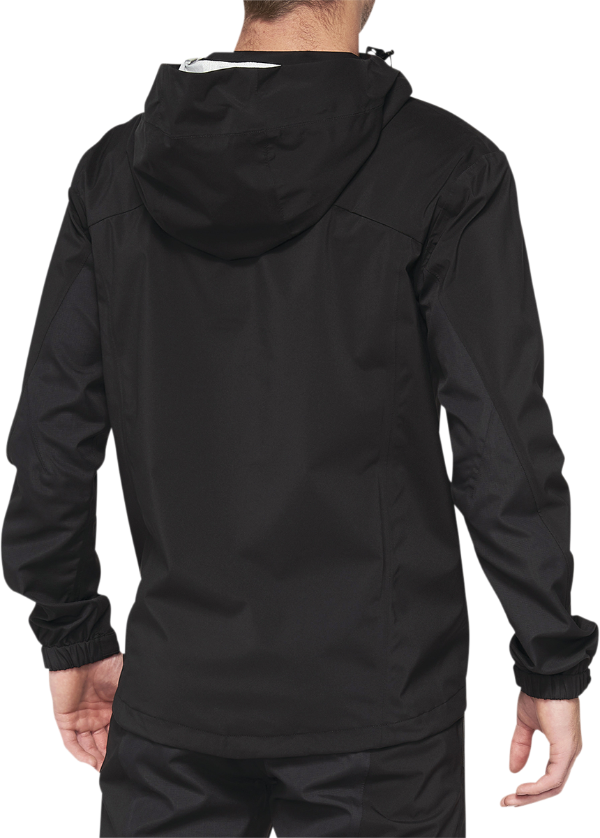 Black Hydromatic jacket by Bill's Exhausts, medium size, showcasing front and back views of the 100% waterproof jacket.