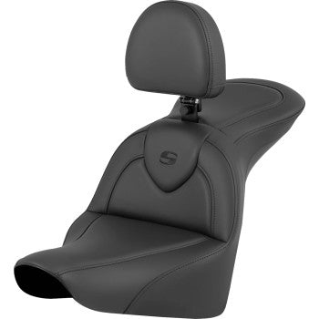 Black SADDLEMEN RoadSofa™ motorcycle seat with driver backrest for FLFB/FXBR models 2018-2024, showing the seat and backrest from the side.