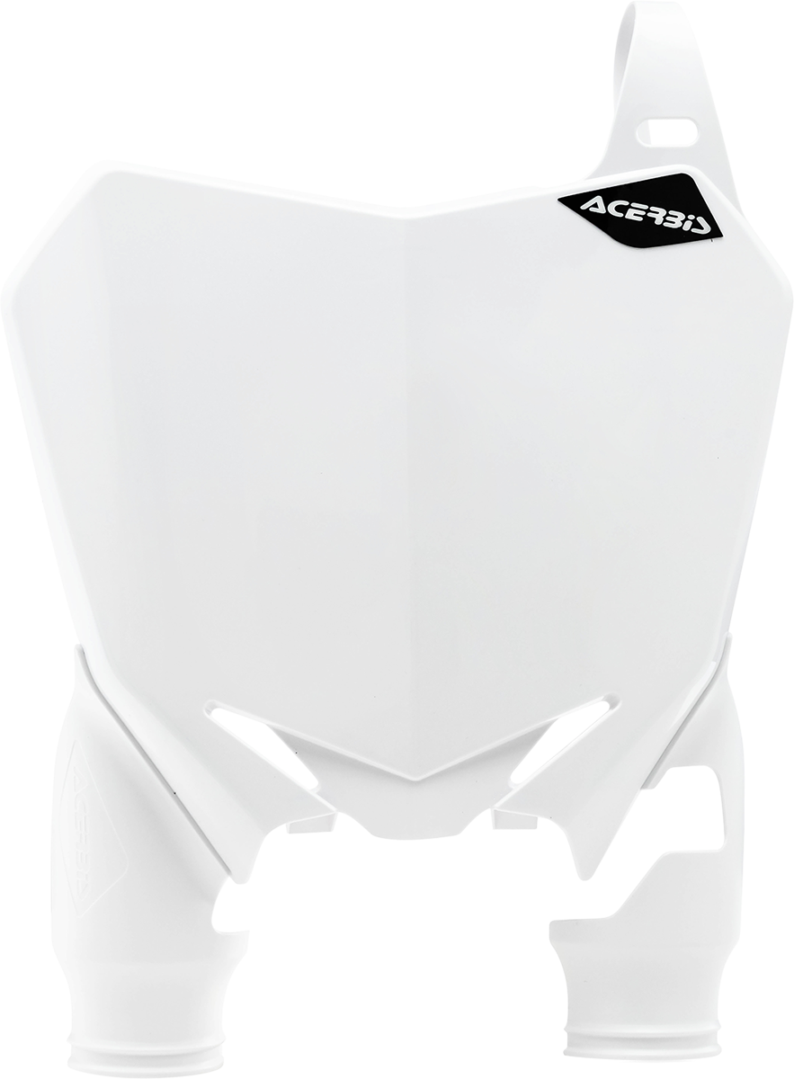 White Acerbis Raptor number plate for body, designed for motorcycles, featuring bold black lettering and mounting points.