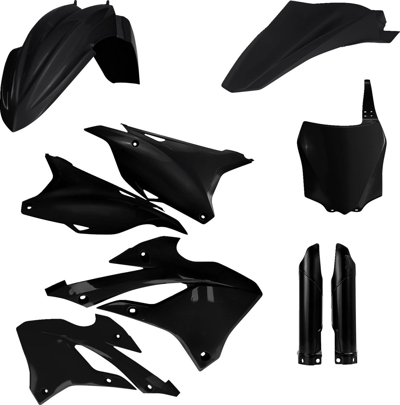 A black Acerbis full replacement body kit for KX85 motorcycle from 2022-2023, featuring multiple body panels and a sleek design.